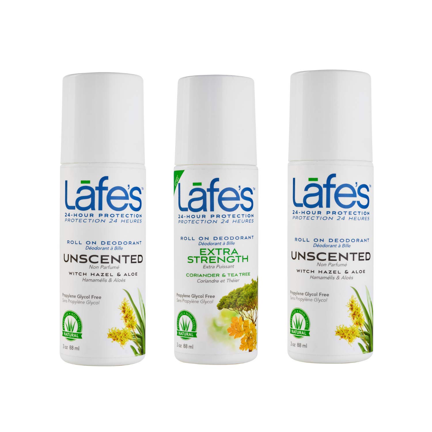 Lafe'sNatural Deodorant | 2 Unscented Roll Ons & 1 Extra Strength Roll On Deodorants | 24-Hour Protection & Natural; 3 Pack (3 oz each)