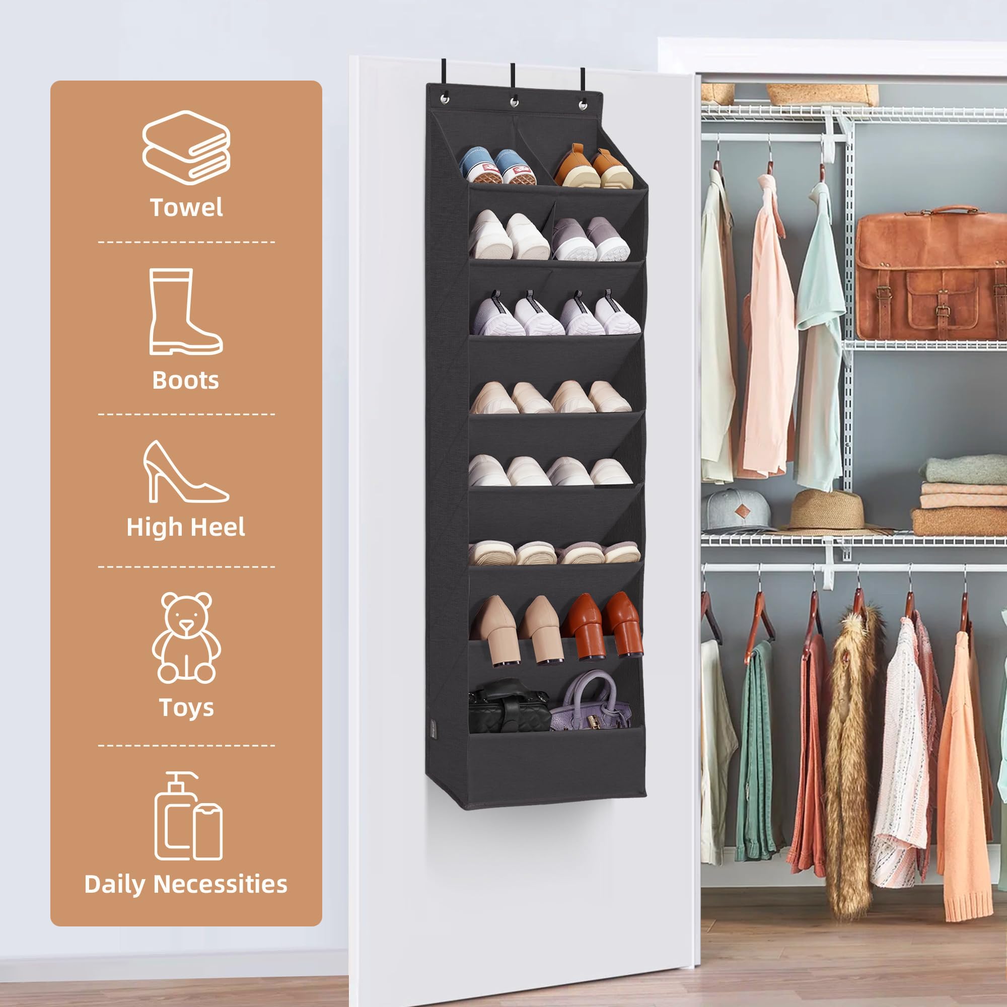 STORAGE MANIAC Organizador de zapatos resistente para colgar sobre la puerta con bolsillos grandes y profundos, organizador de zapatos para armario, organizador de almacenamiento de zapatos,