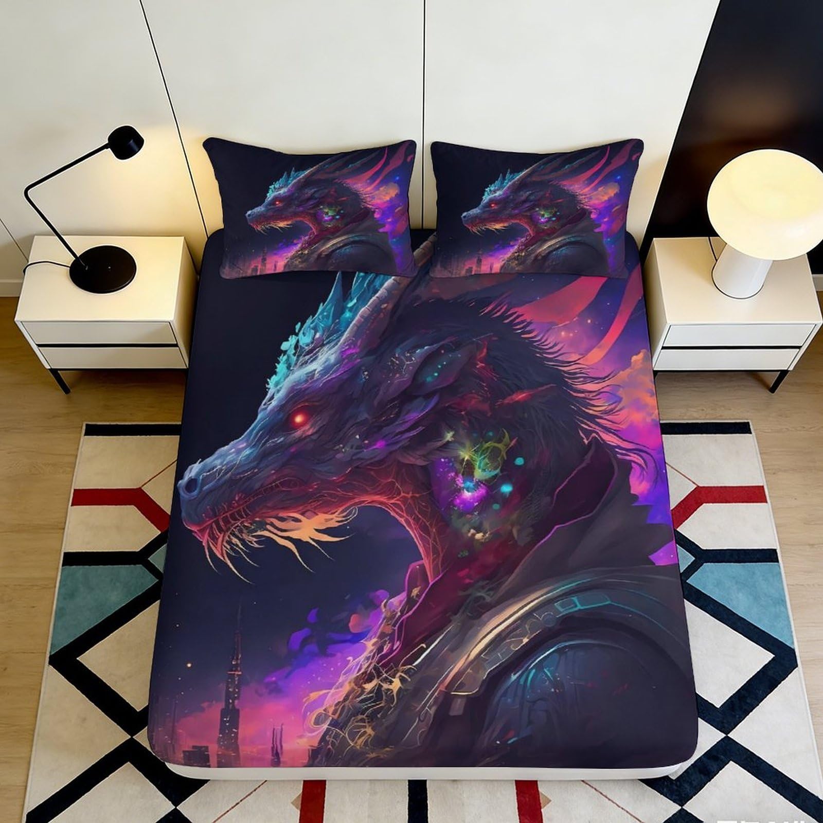 3D Printed Neon Dragon Fitted Sheet Microfiber Soft Breathable Cyberpunk Bed Cover for Bedroom Dormitory Guest Room Mattress Protection Decor 180x200x25cm
