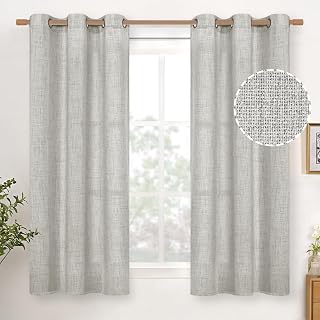YoungsTex Light Grey Linen Semi Sheer Curtains 45 Inch Length 2 Panels