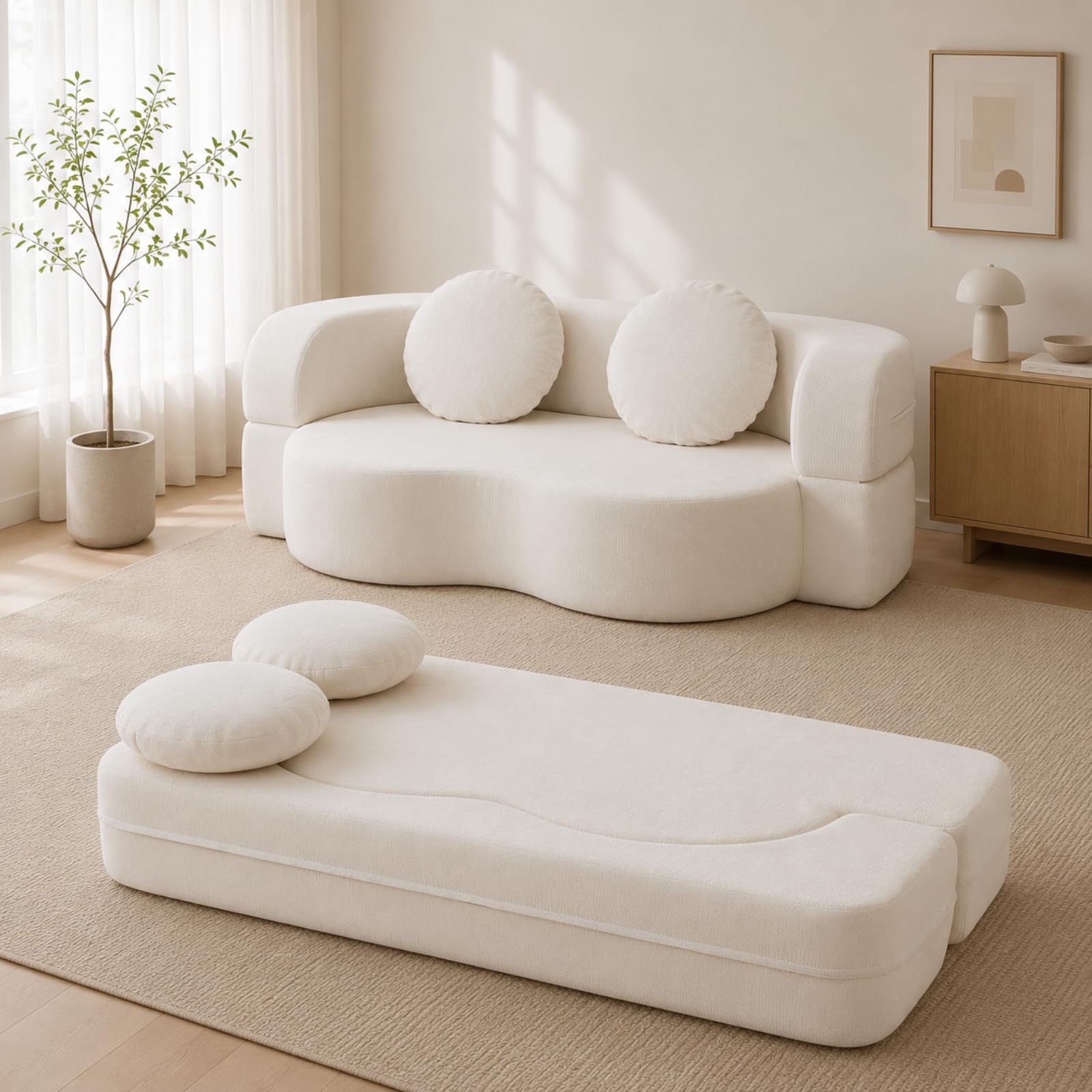 Nuturelly 78" Floor Sofa Bed, Convertible Couch, No Assembly, White | Safe for Kids & Pets, High-Density Foam With Memory Foam Layer, Spot Clean Or Machine Wash Cover, 2 Pillows Included