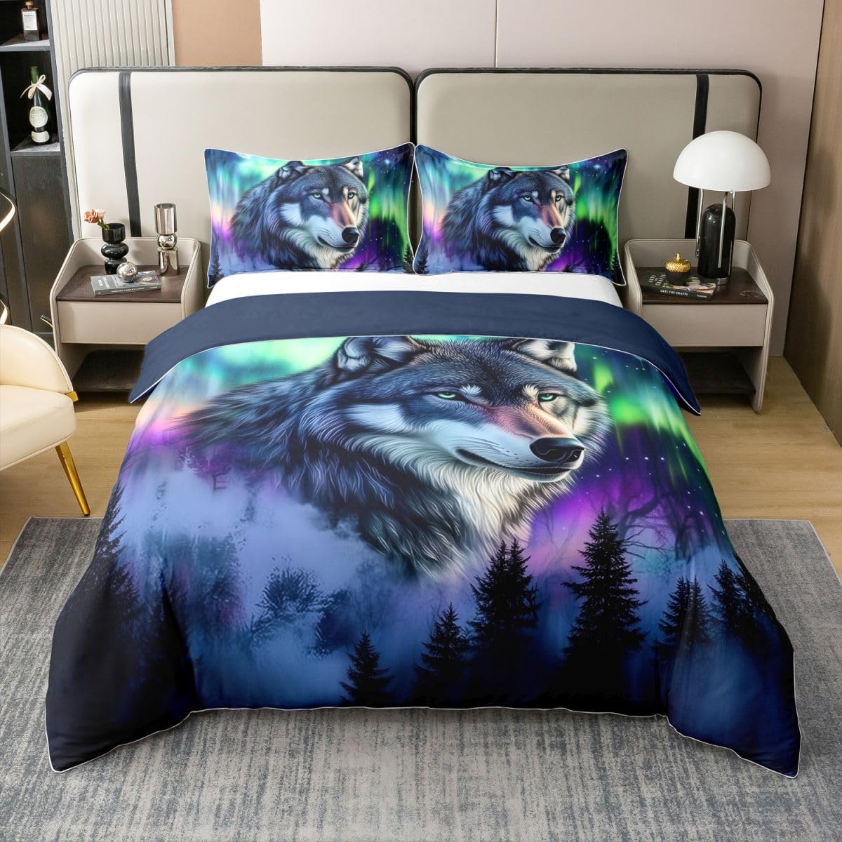 Castle Fairy Aurora Scenery 100% Nature Cotton Duvet Cover Natural Mountain Trees Comforter Cover Twin Size with 1 Pillowcase Blue Purple Watercolor Aesthetic Luxury Bedding Set (No Filler)