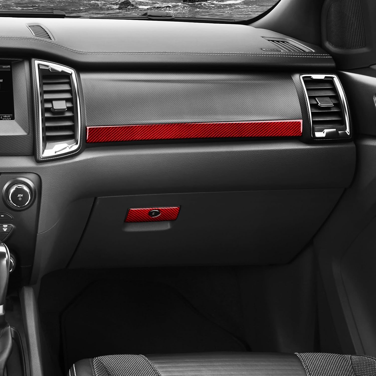 Car Dashboard Co-Pilot Instrument Panel Strip Carbon Fiber Trim Decoration Interior Cover Accessories for Ford Ranger XLT Lariat XL 2015 2016 2017 2018 2019 2020 2021 2022 2023 Red