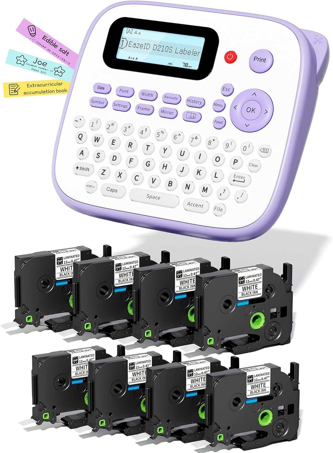 Label Maker Bundle 8PK White Tapes, D210S Label Maker Waterproof-Labels, Portable Labeler Machine with Tapes 12mm 0.47 Laminated White, Wireless Labeling Machine for Jars Bottle School Supplies
