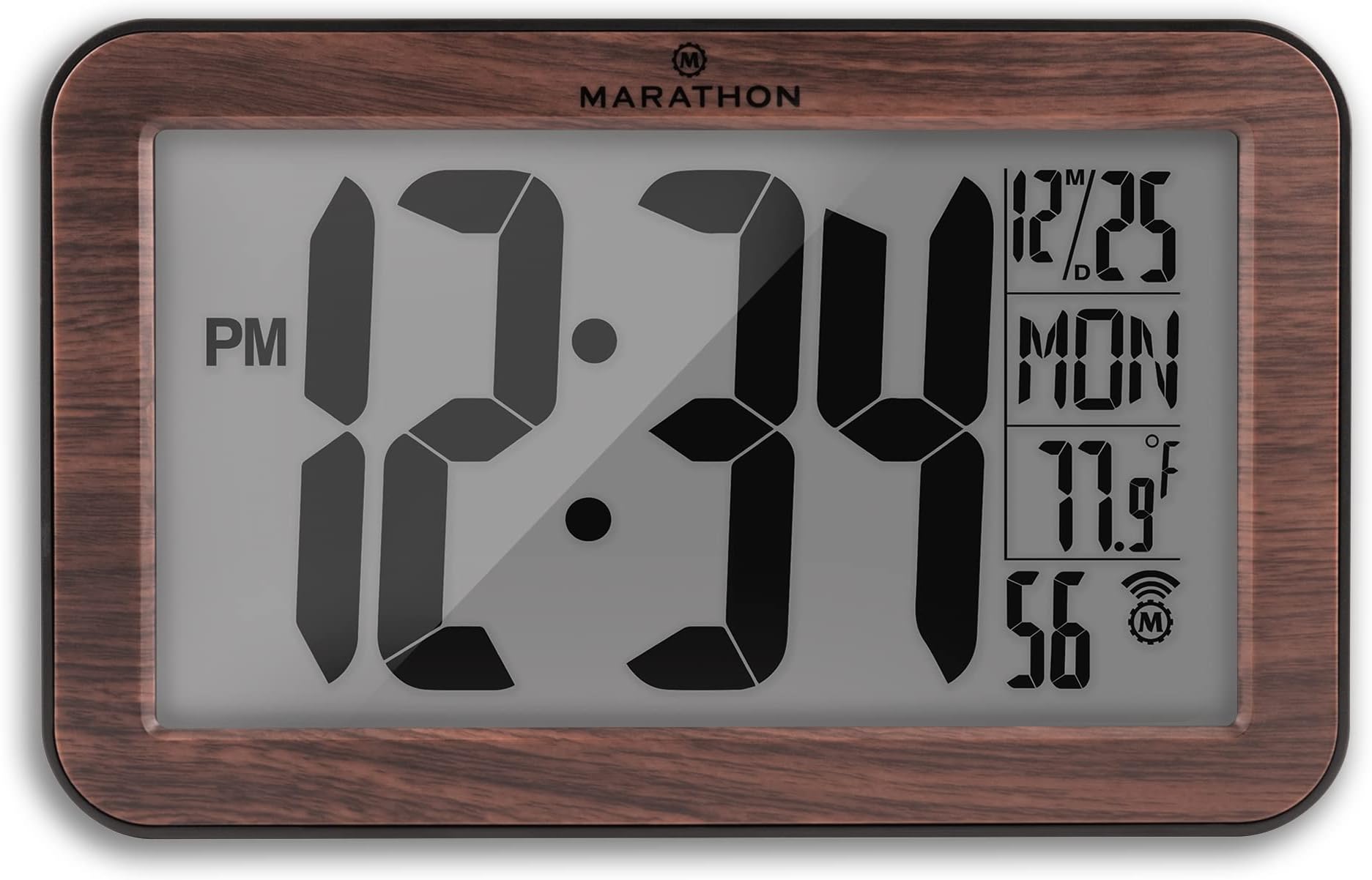 Marathon Atomic Wall Clock, Wood Finish - Large 9-Inch Display - AM/PM or 24-Hour Time, 8 Time Zones, Indoor Temperature, Day & Date - Two AA Batteries Included