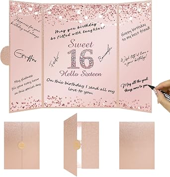 Vlipoeasn Sweet 16 Birthday Guest Book Alternative, Rose Gold Sweet 16 Birthday Decorations for Girl, 16th Birthday Party Signature Book, 16 Year Old Birthday Gifts for Girls