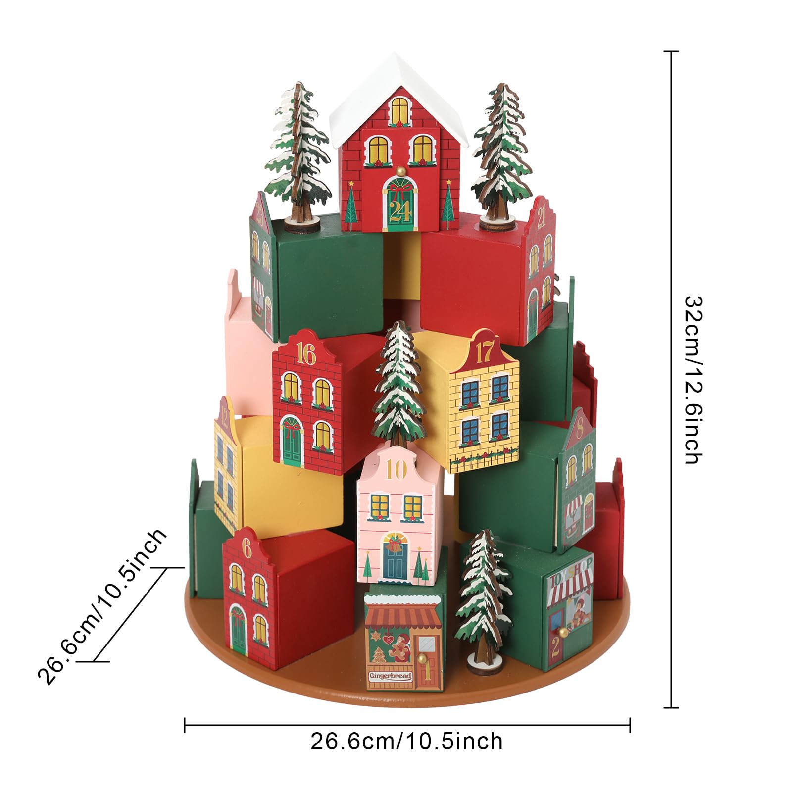 PE 3D Holz-Adventskalender als Weihnachtsdorf, 24 Schubladen zum Befüllen | Holz, 26,6 x 26,6 x 32 cm, 24 nummerierte Schubladen, Weihnachtsdorf-Dekoration, jährlich neu befüllbar