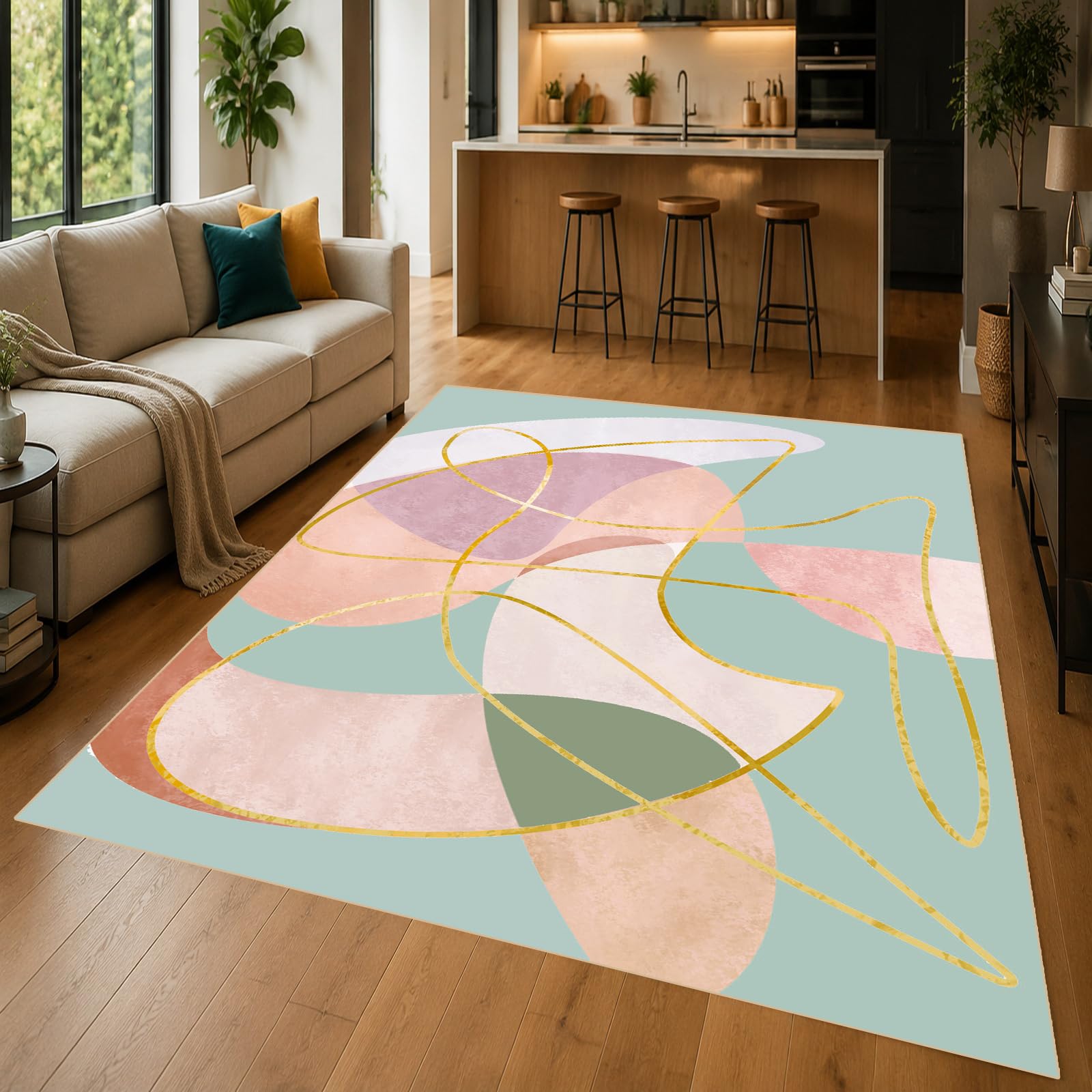 Tappeti, Square 160 x 160 cm, Multicolore Rosa Verde Salvia Giallo Geometrico Moderno, Tappeto Salotto Lavabile, Carpet Soggiorno Decorazione sotto Tavolo Rug,