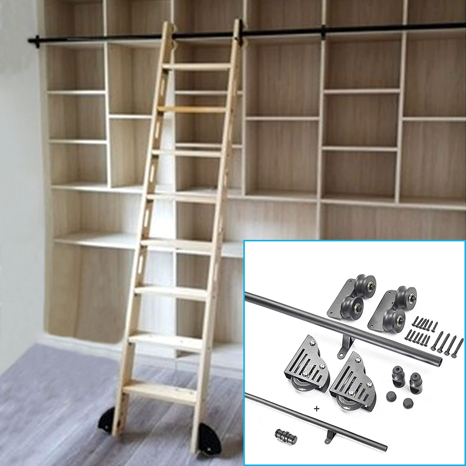 Kit de porte de grange coulissante en acier noir MiroDo pour rail d'échelle de bibliothèque
