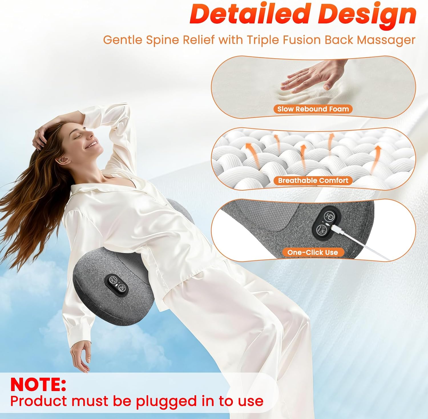 3-in-1 Electric Lumbar Support Pillow - Triple Fusion Back Massager with Heat, Vibration and Tractionage, Lower Back Massager for Pain Relief Deep Tissue, Grey