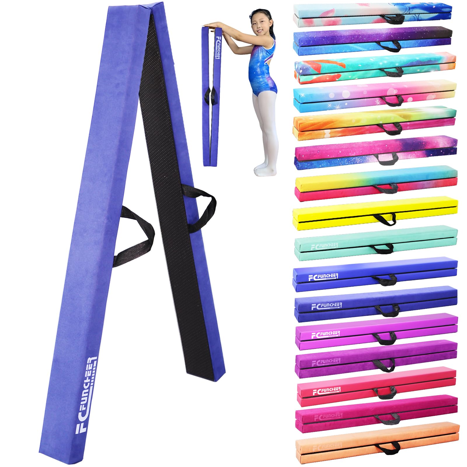FC FUNCHEER 8FT Folding Gymnastic Beam,Wood core Anti-Slip Bottom with Carrying Handle