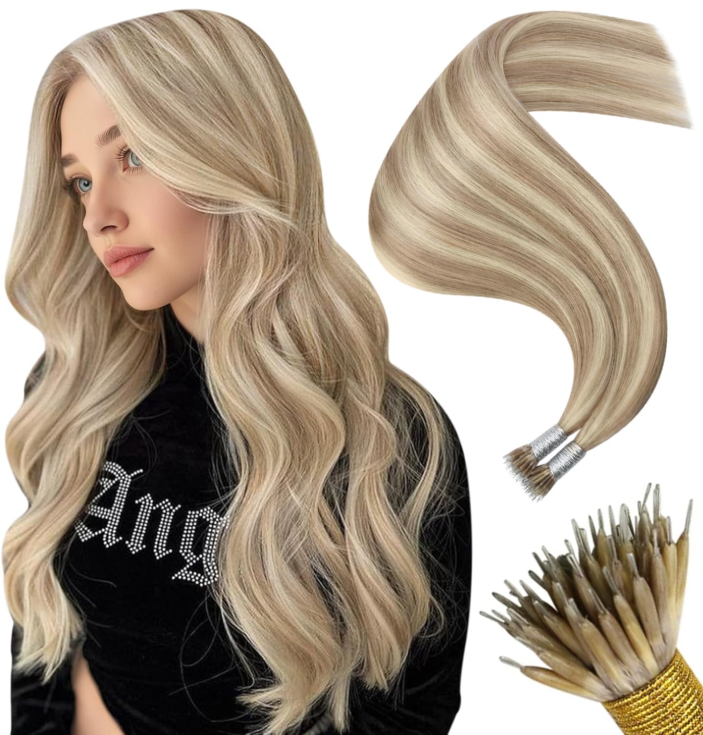 Moresoo Nano Hair Extensions 1g/s 50g/Pack Remy Hair Ash Blonde with Platinum Blonde Nano Ring Hair Extensions Real Human Hair 14 Inch #P18/613 — view 54