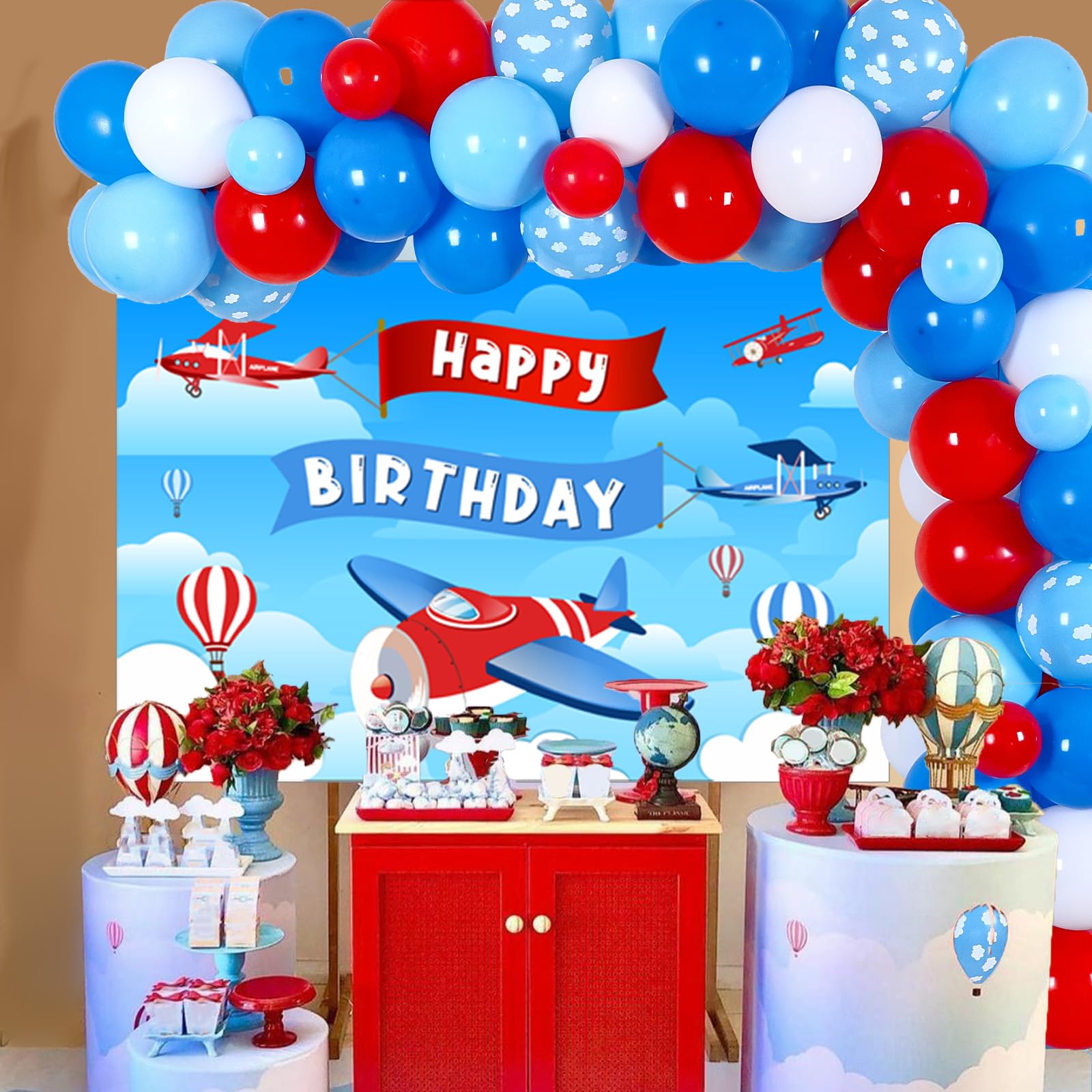 Umoni Luftfahrt-Partydeko – 3 Geburtstagsbanner Mit Flugzeugen, Hubschraubern, Glitzer, Rot-weiß-blau, Beidseitig Bedruckt