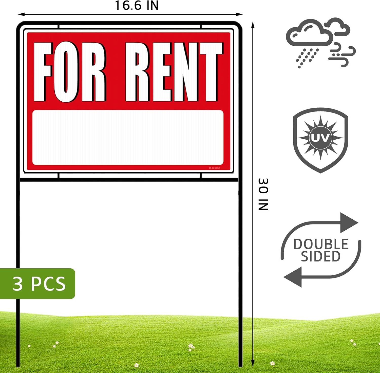 For Rent Signs with Stakes, Double-Sided Printing, For Rent Yard Signs, For Rent Sign with Stand,(3 Pack)