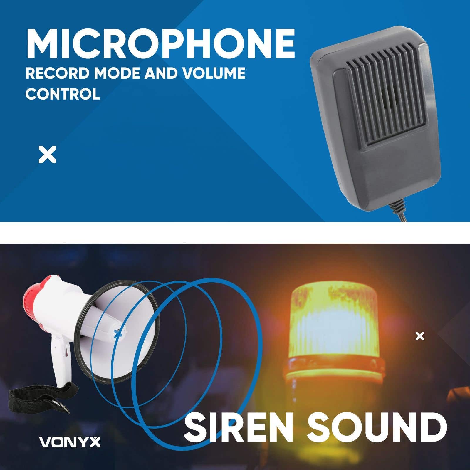 Vexus MEG040 Megafono a Batteria con Funzione Registrazione, Sirena, Cinghia e Microfono (40 Watt, Raggio 1 KM, Microfono Rimovibile, Leggero)