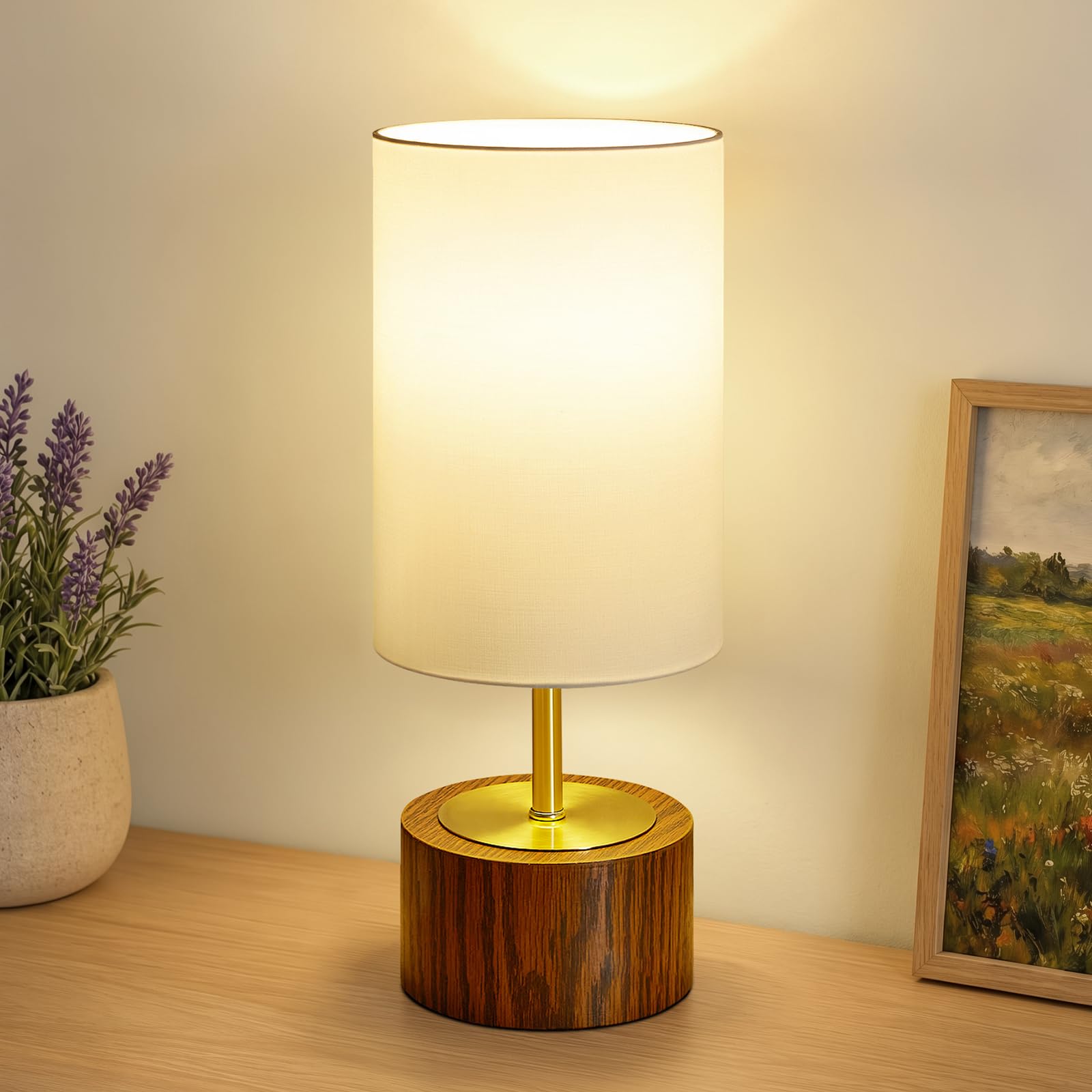 GyroVu Nachttischlampe, Modern Tischlampe mit Kabelschalter | Holzoptik Sockel & weißem Stoffschirm, E27 Fassung, Kleine Tischleuchte für Schlafzimmer, Wohnzimmer, Büro（ohne Leuchtmittel）