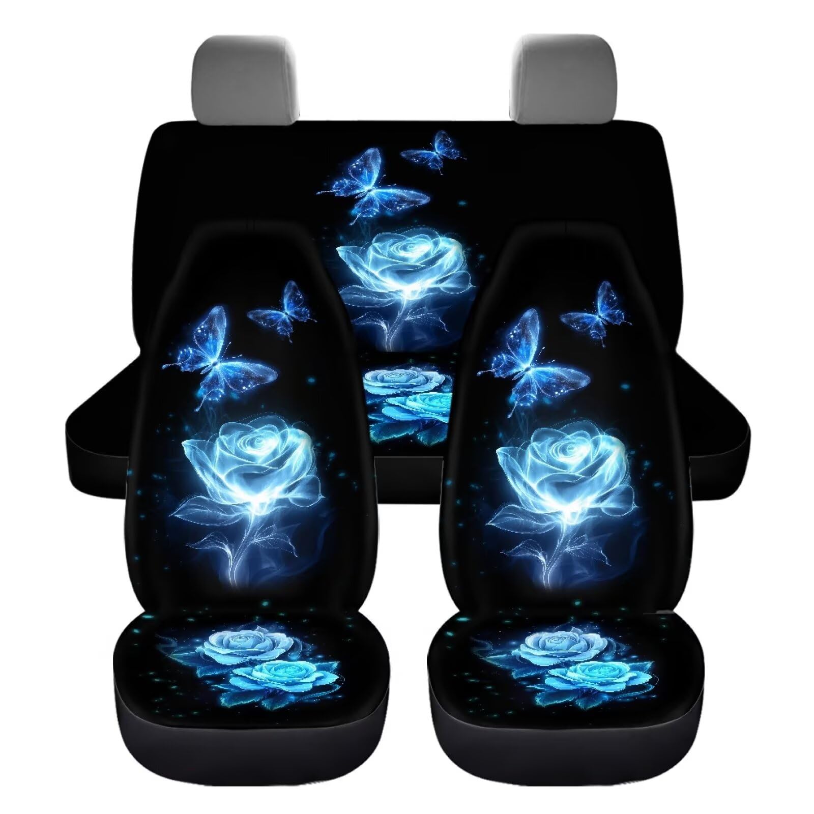 Xoenoiee Blue Butterfly Rose Floral Print Car Accessories Set, Car Seat Covers for Front and Rear Seat Full Set, Universal Fit Most Trucks Sedan SUV
