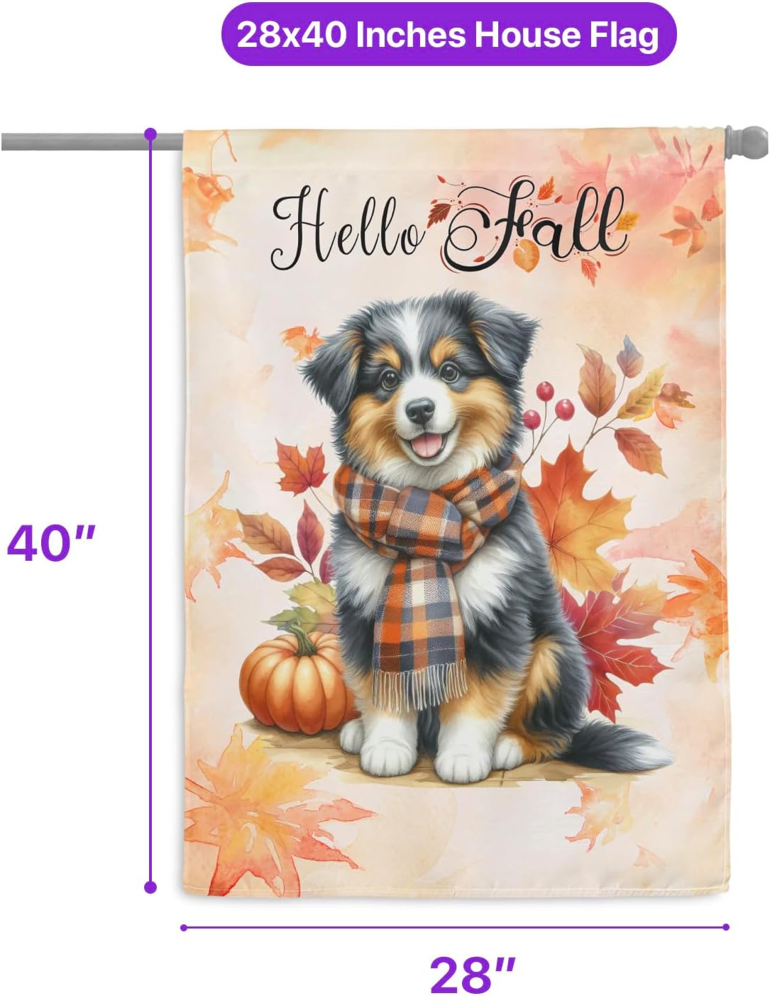 Hello Fall Miniature American Shepherd Scarf Welcome Autumn with Leaves Pumpkins House Flag 28x40in Double Sided MAS Dog Lover Gifts Outdoor Decor - 011