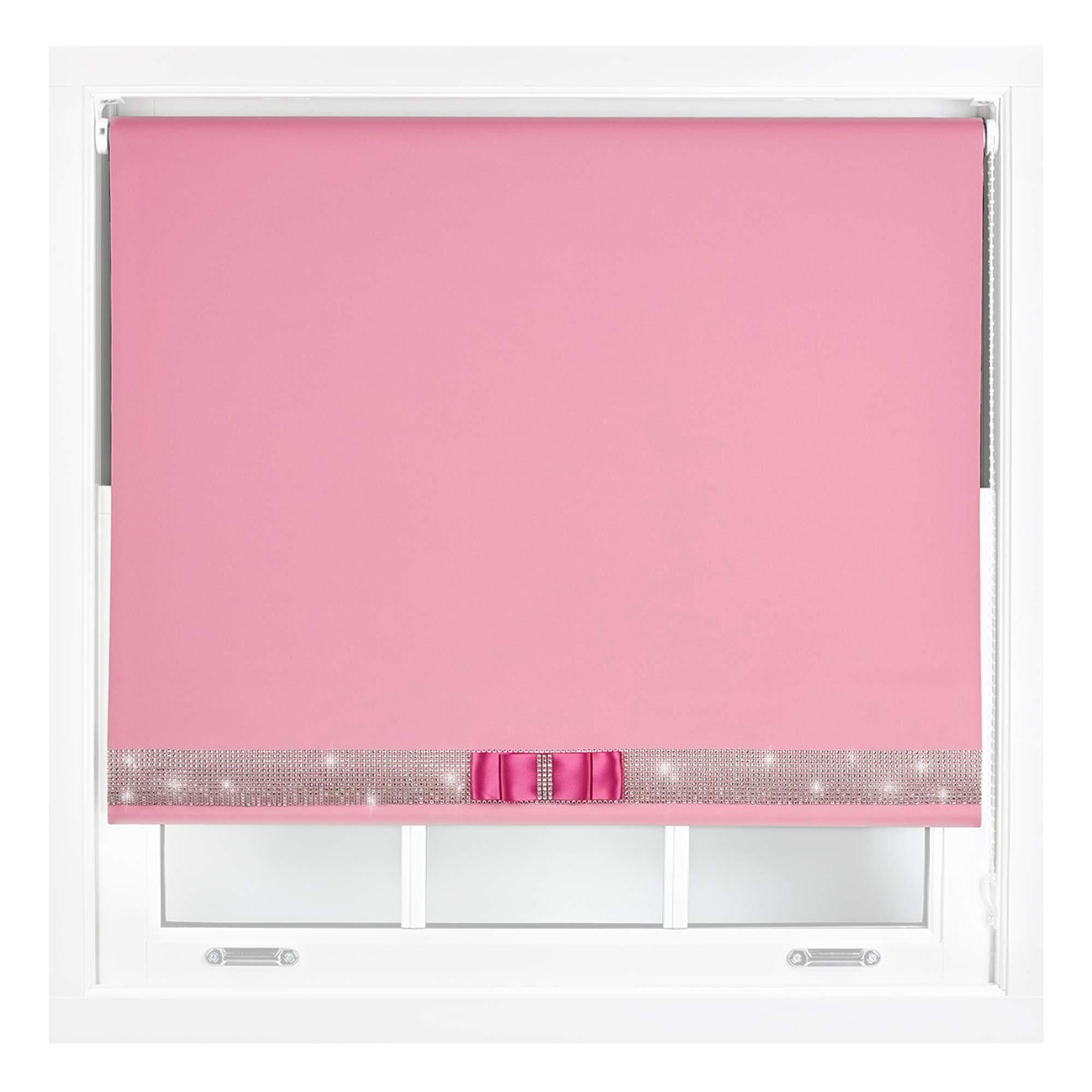 FURNISHED Diamante Blackout Blinds with Bow - Decorative Diamond Sparkle Design Roller Blind Pink Cut to Size Up to 210W x 165L cm