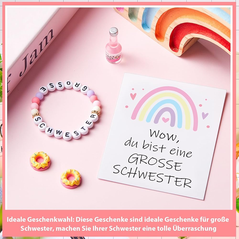 Große Schwester Armband Set - Einhorn Perlenarmband Mit Postkarte & Stoffbeutel