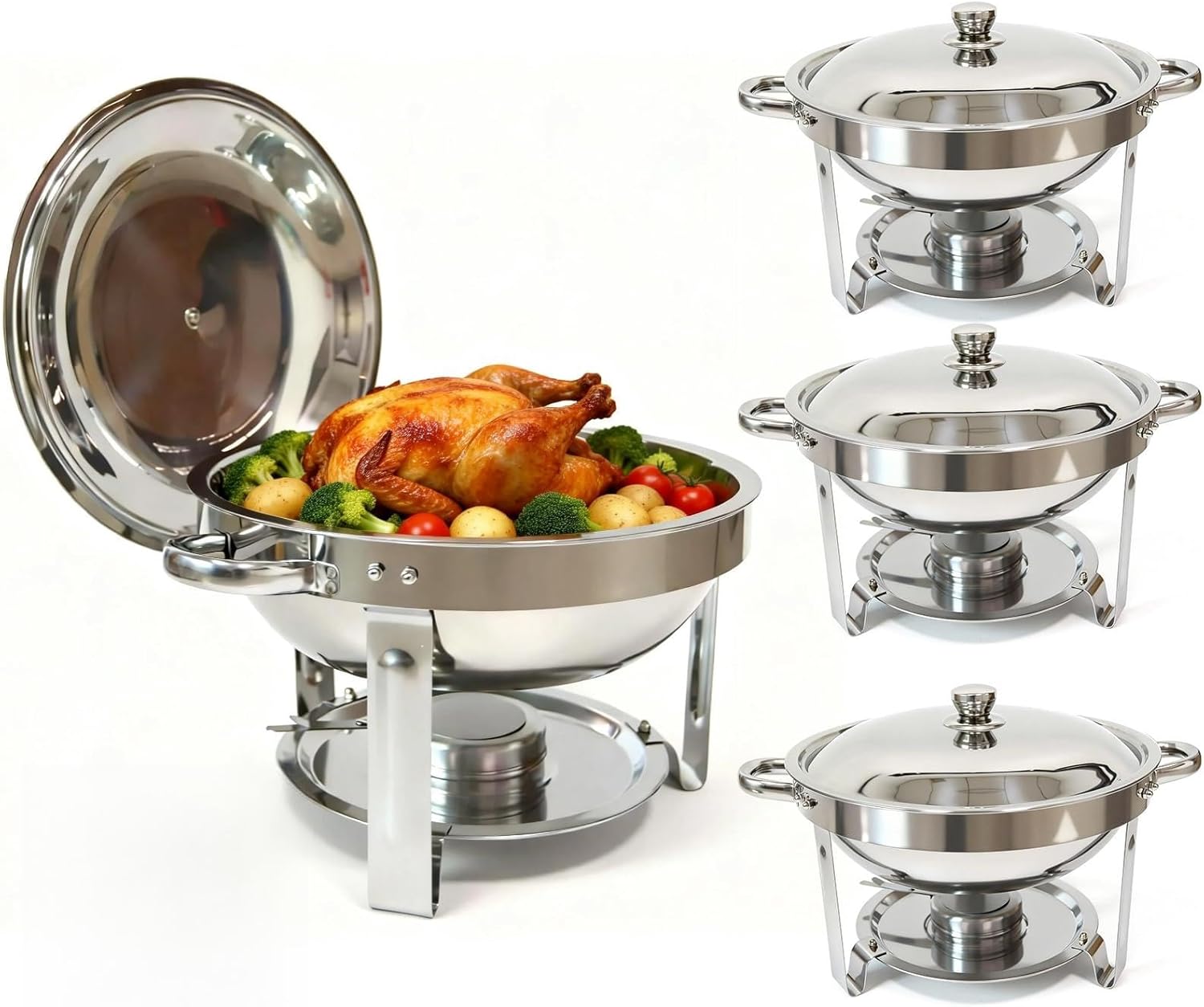 4-Pack Chafing Dishes for Buffet，6QT 304 Stainless Steel Round Chafing Dish Buffet Set - Complete Food Warmers with Lids, Water Pans, Fuel Can Holders for Catering & Wedding Receptions，Silver