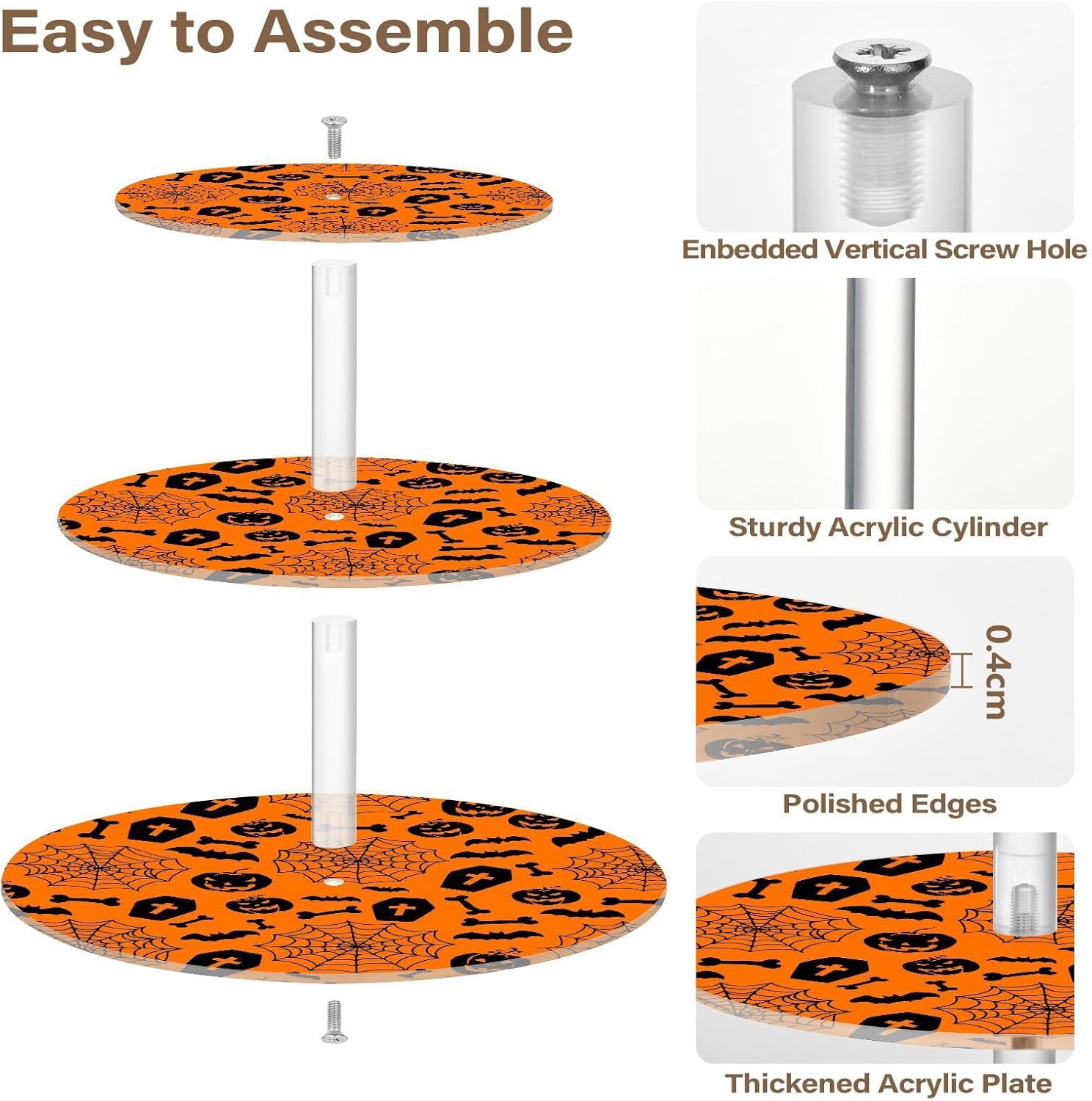 Spiderweb Coffin Bats Bone Pumpkin Halloween 3 Tier Acrylic Cupcake Stand, Cupcake Stand for 34 Cupcakes for Weddings,Christmas,Holidays,Parties,Birthday,Printed Cupcake Tower 23301004