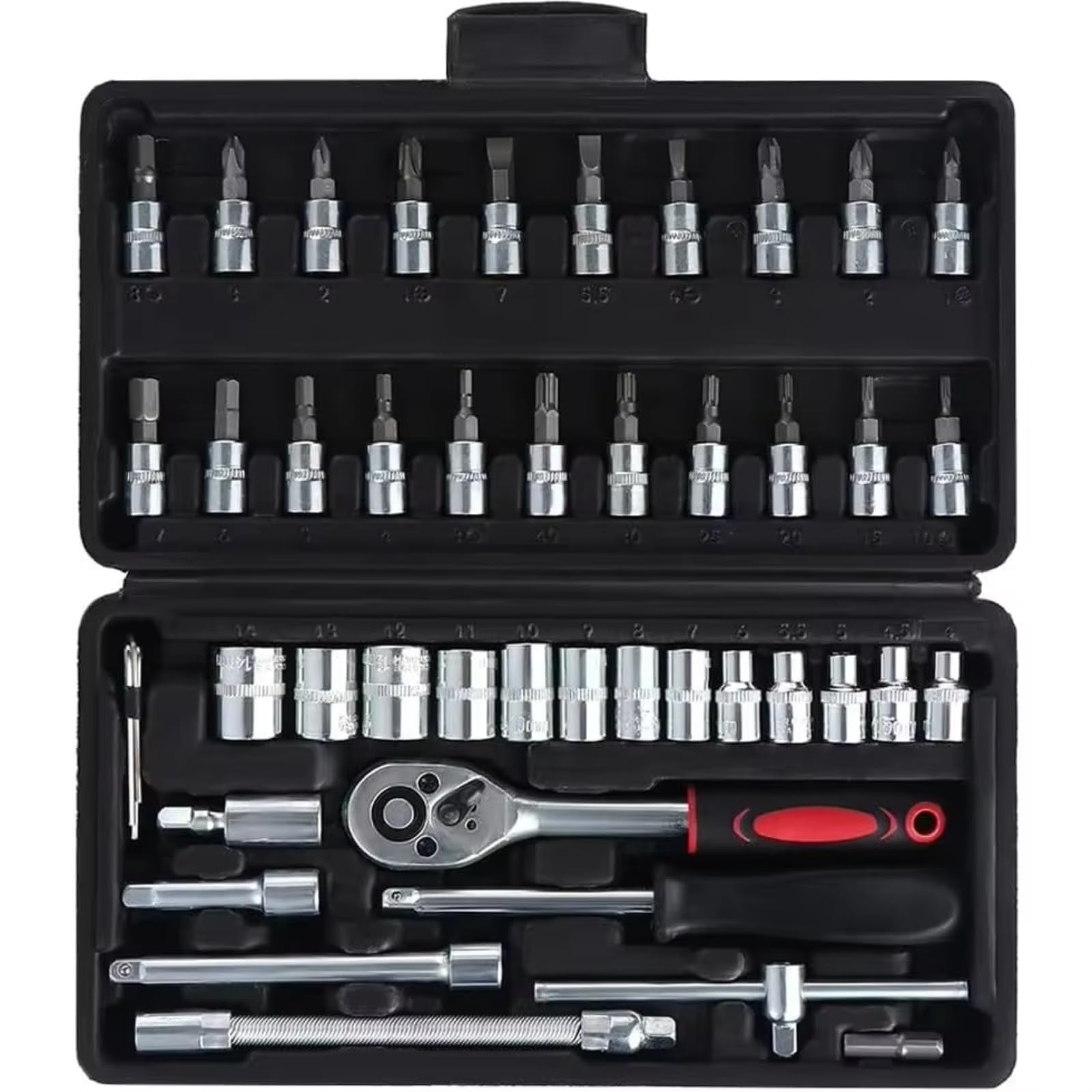 Kit d'outillage mécanique Jeu Clés À Cliquet À Douille D'entraînement 1/4 Pouces Avec Jeu Douilles À Embouts Barre Métrique Et D'extension Pour La Réparation Voiture Et Vélo 46 ​​pièces