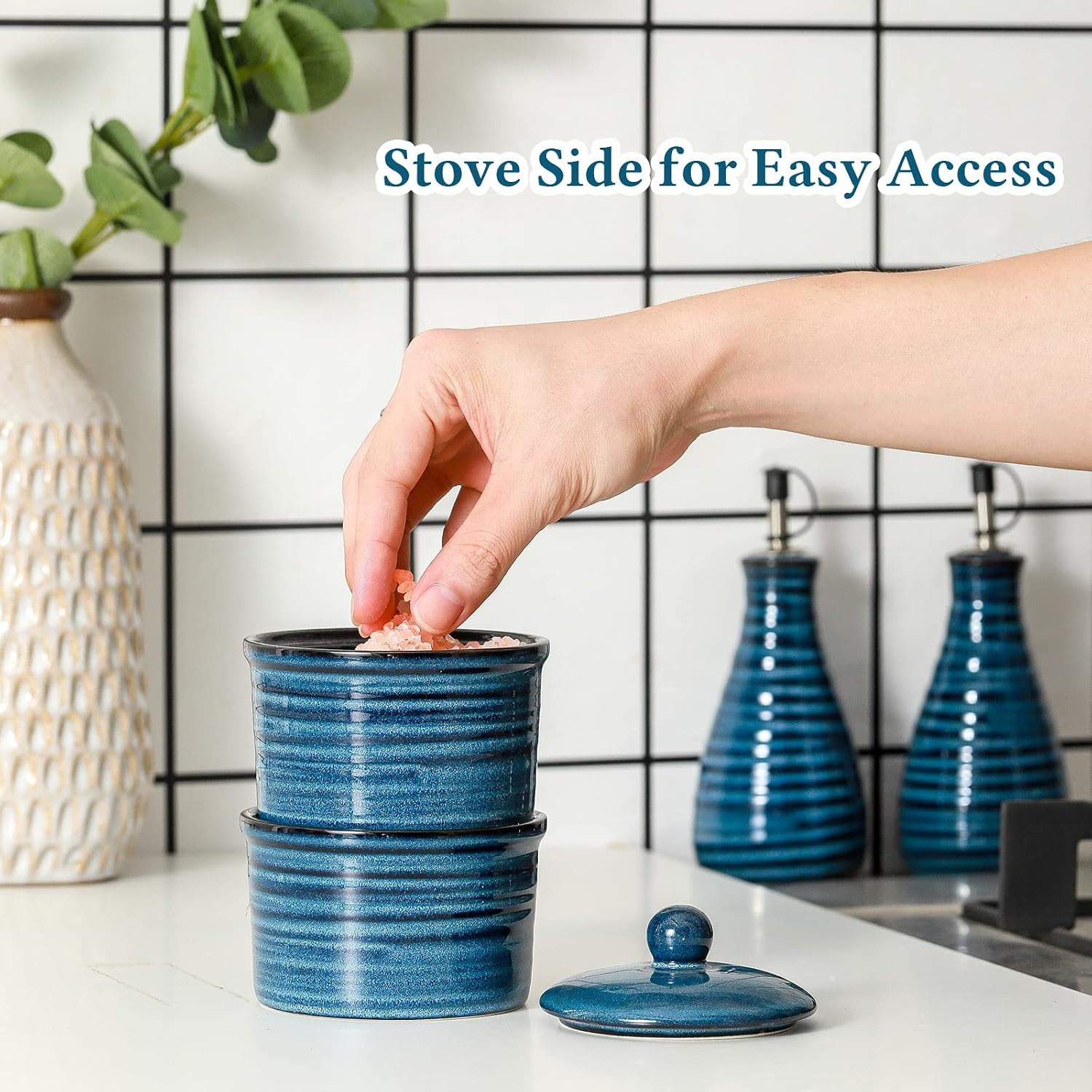 Hasense Ceramic Salt Cellar with Lid, 9 oz Salt and Pepper Bowls, Stacked Salt Box for Countertop Stovetop, Blue Farmhouse Kitchen Decor, Set of 2