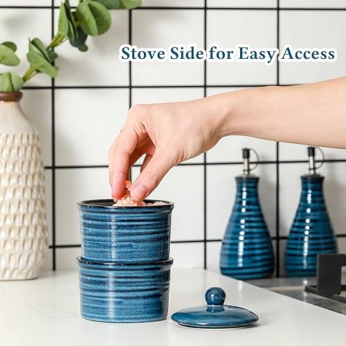 Miniatura 4 de Hasense Salero de cerámica con tapa, cuencos de sal y pimienta de 9 onzas, caja de sal apilable para encimera de cocina, decoración de cocina azul