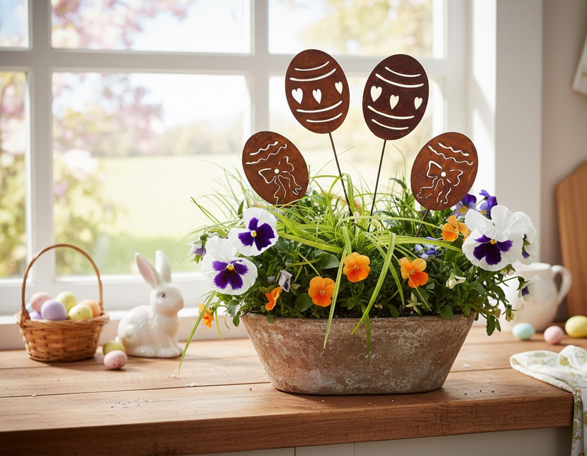 4er Set Osterdeko Ostereier Rost Deko Ostern Osterhase Garten Oster Eier Gartenstecker Edelrost 30 x 6 cm Garten
