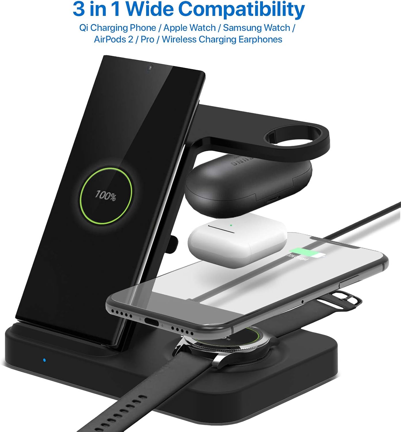 OCOMMO 3 in 1 Qi Wireless Charging Station for Multiple Devices, Airpods, Samsung Watch, Apple Watch 5, 4, 3, 2, 1, Android Phones, iPhone 11, 11 Pro, 11 Max Pro, XS Max, XR (QC 3.0 Adapter Included)