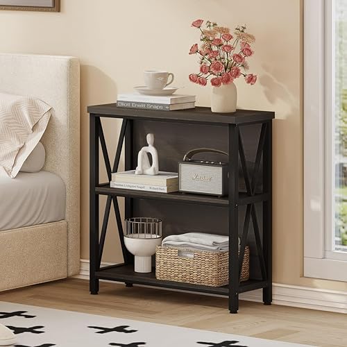 Miniatura 5 de FATORRI Rustic Small Bookshelf for Small Space, Industrial Short Wood Bookcase, Farmhouse Low Book Shelf, 3 Tier Narrow Bookshelf for Living Room,