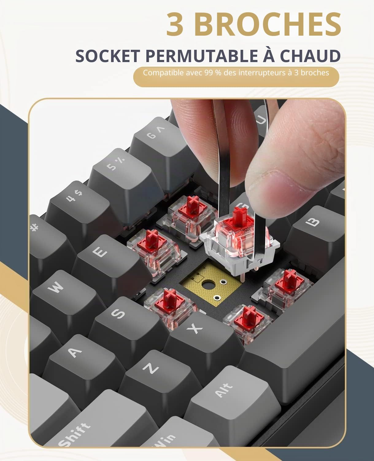 YINDIAO K68 60% Clavier de Jeu Mécanique sans Fil,Bluetooth 5.0/2.4Ghz Mini Clavier Compact 68 Touches avec Récepteur Double Mode,échangeable à Chaud,Interrupteur Rouge,pour PC,Mac,PS4 (Gris Foncé)