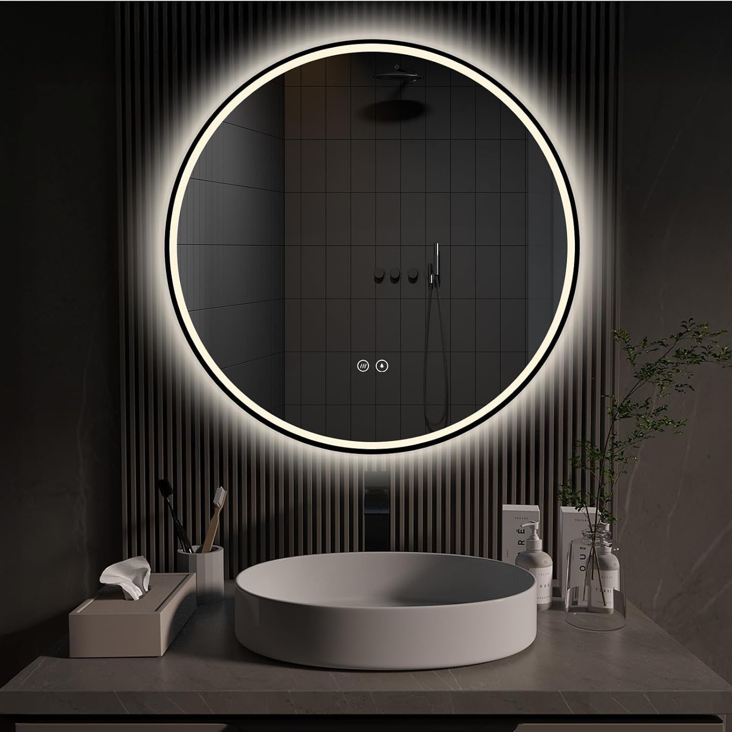 Miroir LED rond cadre noir pour illuminer votre routine beauté chaque matin