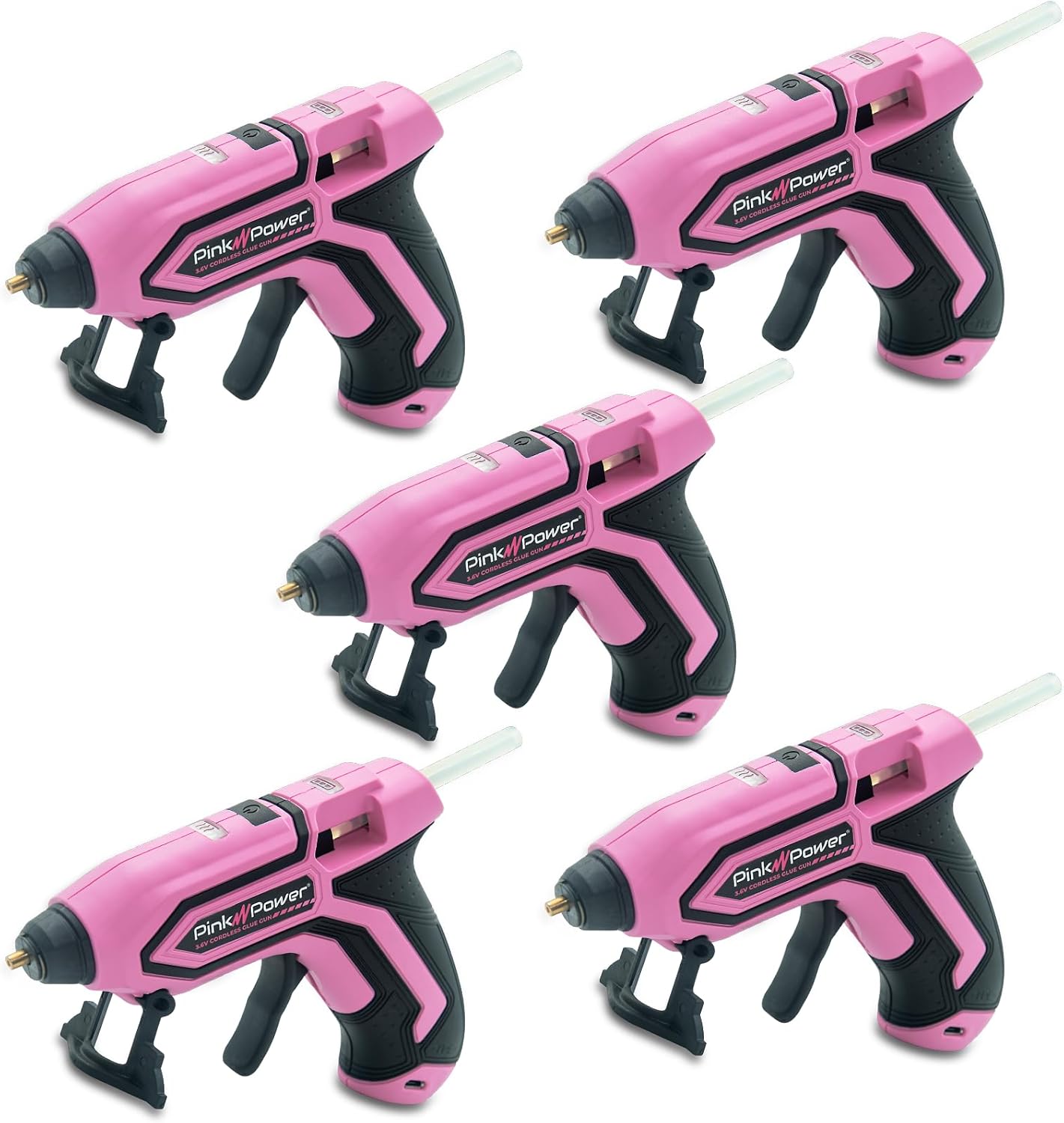 Pink Power 5 set Mini Cordless Hot Glue Gun Kits with Stand – 100 Sticks, Battery Powered, Wireless, Fast Heating, USB Rechargeable, Portable Glue Gun for DIY Crafts, Home Repairs, and School Projects