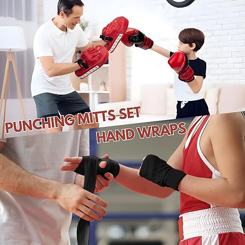 Miniatura 6 de 3-in-1 Boxing Gloves and Punching Mitts Set for Kids, Boxing Mitts Focus Pads with Hand Wraps for Kid, Youth Leather Punching Equipment Gloves Set