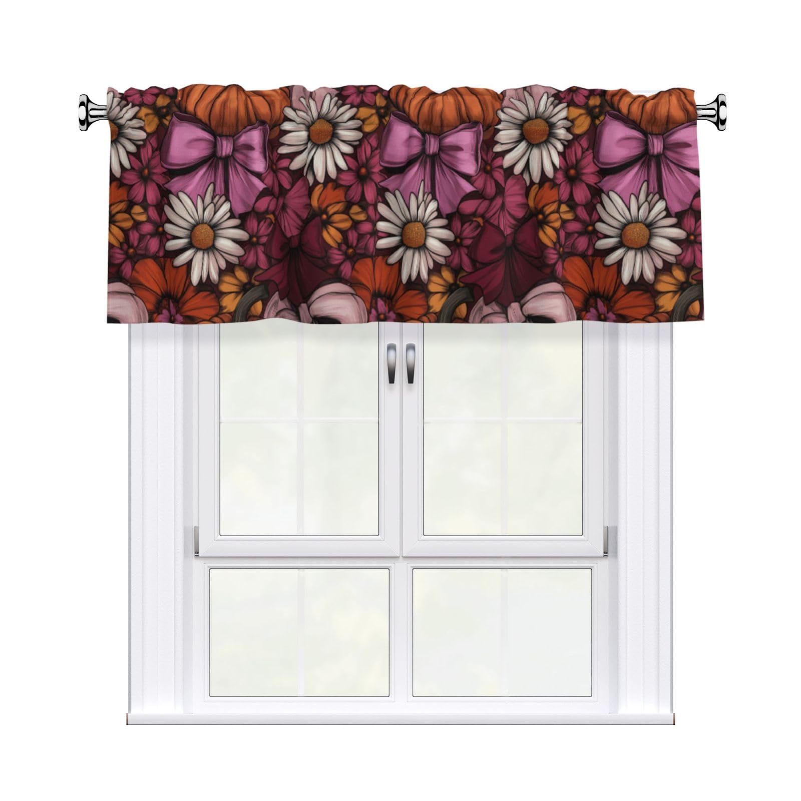 Woshuwo Pink Bows Orange Pumpkins White Daisies Valances For Windows Rod Pocket Window Treatment Short Curtains For Kitchen Living Room Bedroom Decor 54x18in