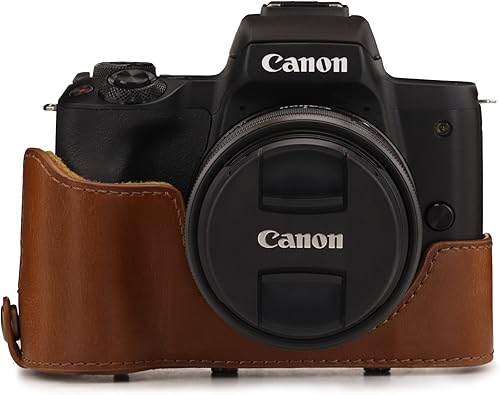 Miniatura 5 de MegaGear Canon EOS M50 - Funda de piel sintética para cámara, diseño siempre listo con acceso a la batería, lente de 0.591-1.772 in, color marrón