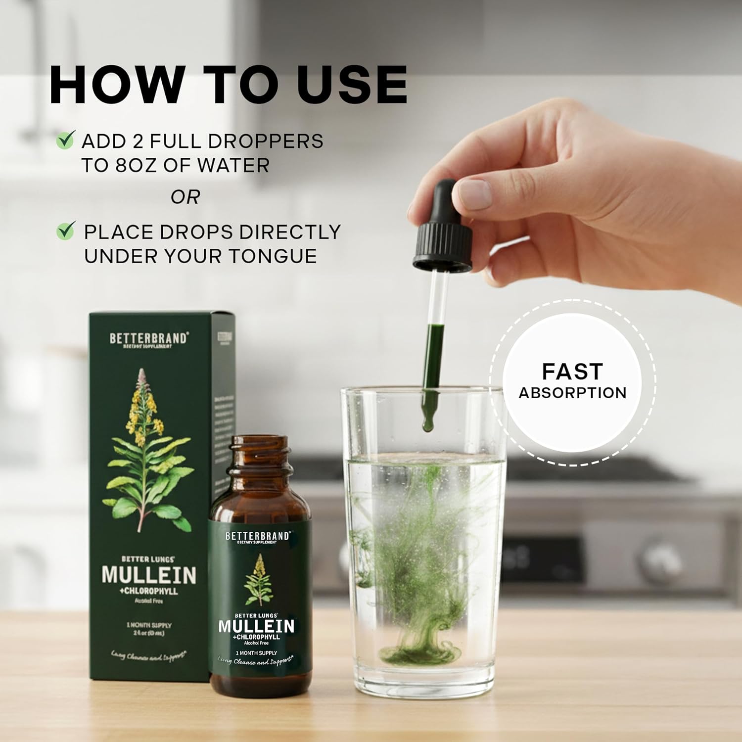 Betterbrand Mullein Drops for Lung Detox - Mullein Leaf Tincture with Chlorophyll - Helps Support Respiratory Health, Alcohol-Free, 1 Month Supply - 60ml - Image 6