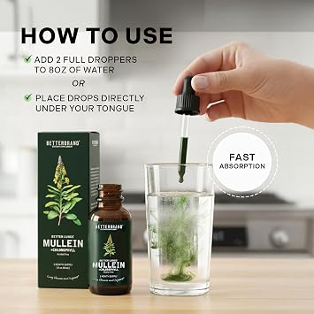 Betterbrand Mullein Drops for Lung Detox - Mullein Leaf Tincture with Chlorophyll - Helps Support Respiratory Health, Alcohol-Free, 1 Month Supply - 60ml