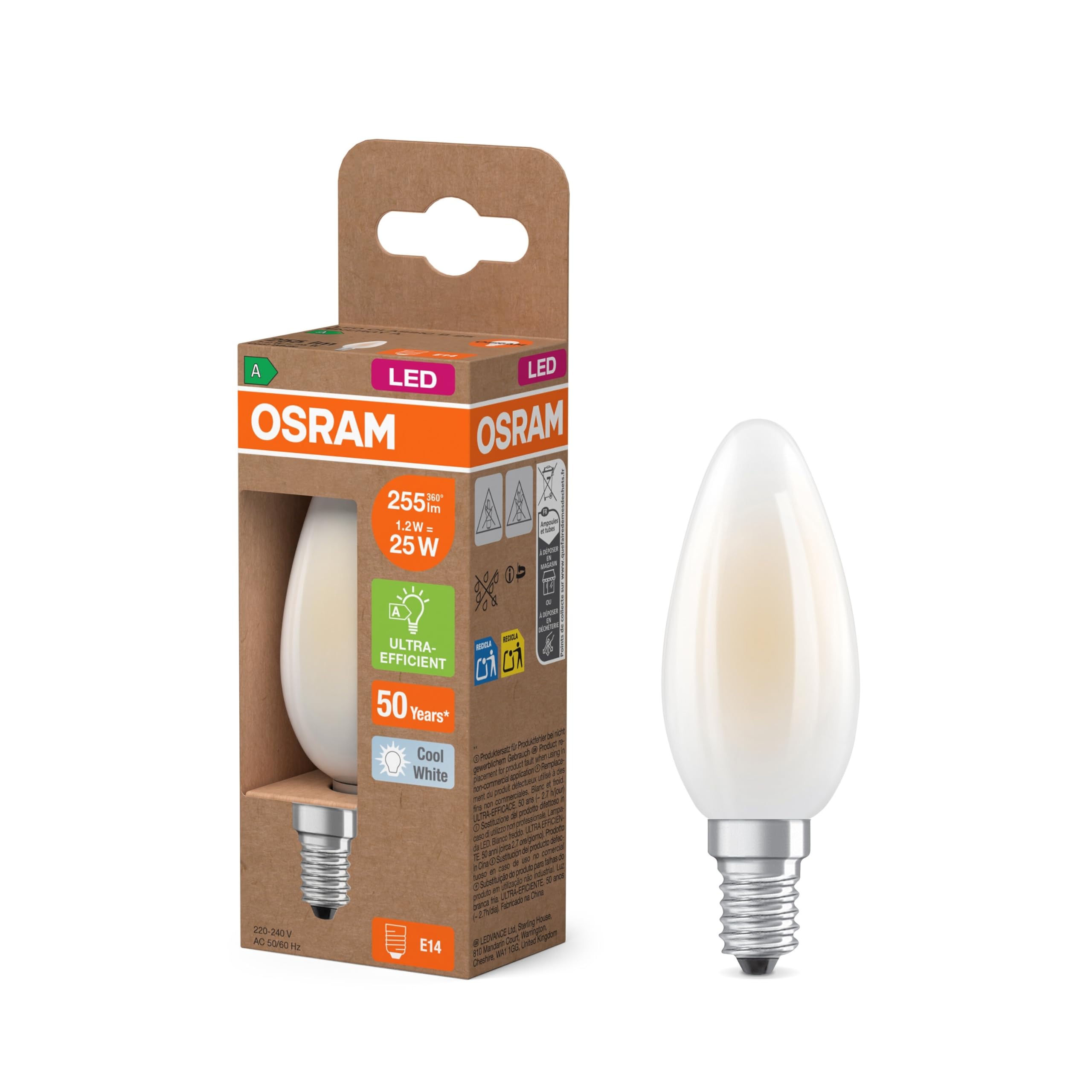 OSRAM Classic Edison LED Light Bulb with Decorative LED Filament Energy Class A E27 2.2W 470lm 4000K Cool White No Warm Up Instant 100% Light Low Flicker
