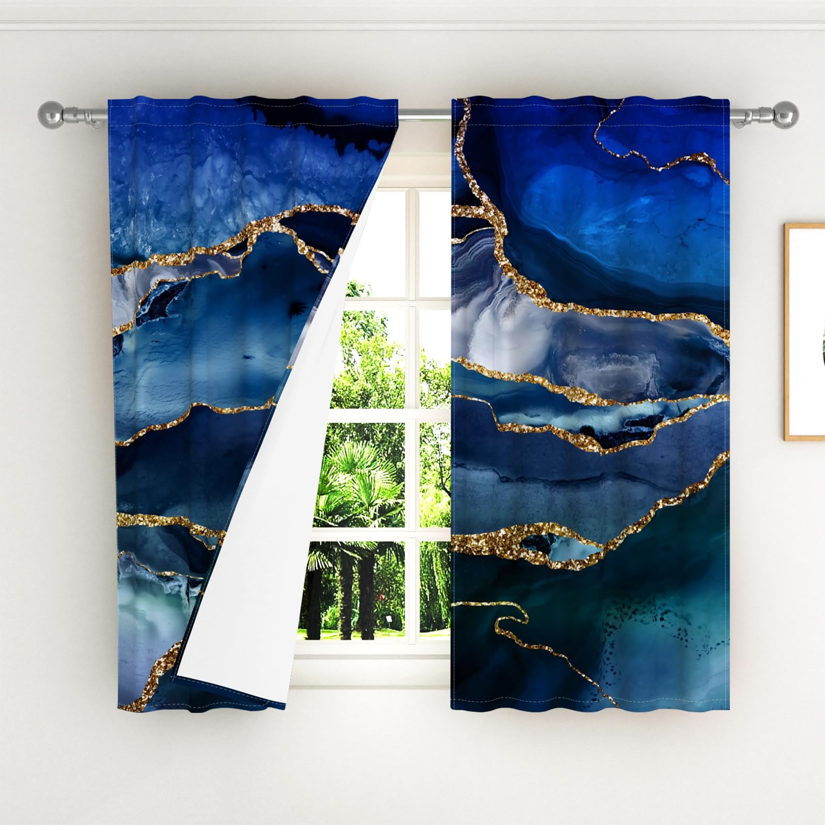 Kzzfqxb Luxury Marble Curtains Blue Golden Waves Gilding Cudding Clouds Living Room Bedroom Drape, 132×214cm 2 Panels - Image 3