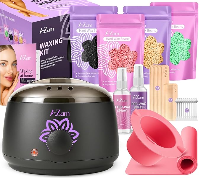 AZAM All-in-one At Home Waxing Kit for Hair removal, Wax pot Waxing Professiona+4 Pack Hard Beads+Silicone Bowl 2 Treatment Oils Wax Kit Accessories Warmer for Full Body
