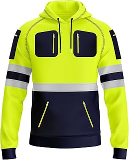 New Mens Hi Vis Safety Work Pullover Hoodie Sweatshirt Reflective Tape High Viz Hoodie High Visibility Sweatshirt Multi Zipped Pockets