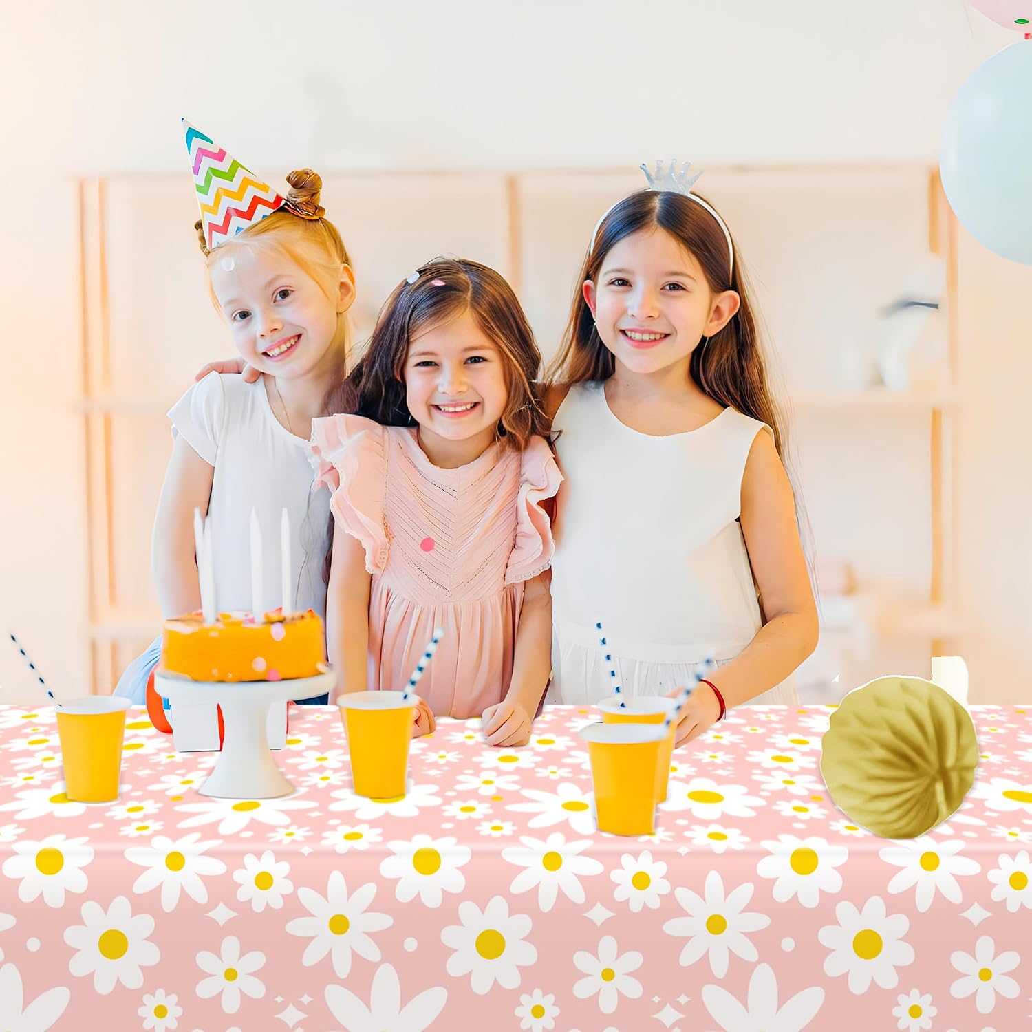 Augisteen 2 PCS Daisy Tablecloth Plastic Daisy Flower Disposable Table Cover Groovy Party Tablecloth for Boho Hippie Groovy Retro Themed Birthday Baby Shower Party Supplies, 54" x 108" image 4