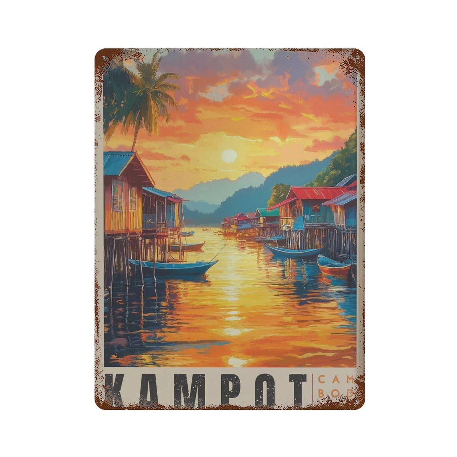 xiaoxiaoshen Kampot Cambodia Riverside Sunset Travel Southeast Asia Landscape Decor Wall Decor Art Metal Tin Poster Modern Home Decor Art Home Bar Shop Decorations Vintage Sign 40x30cm