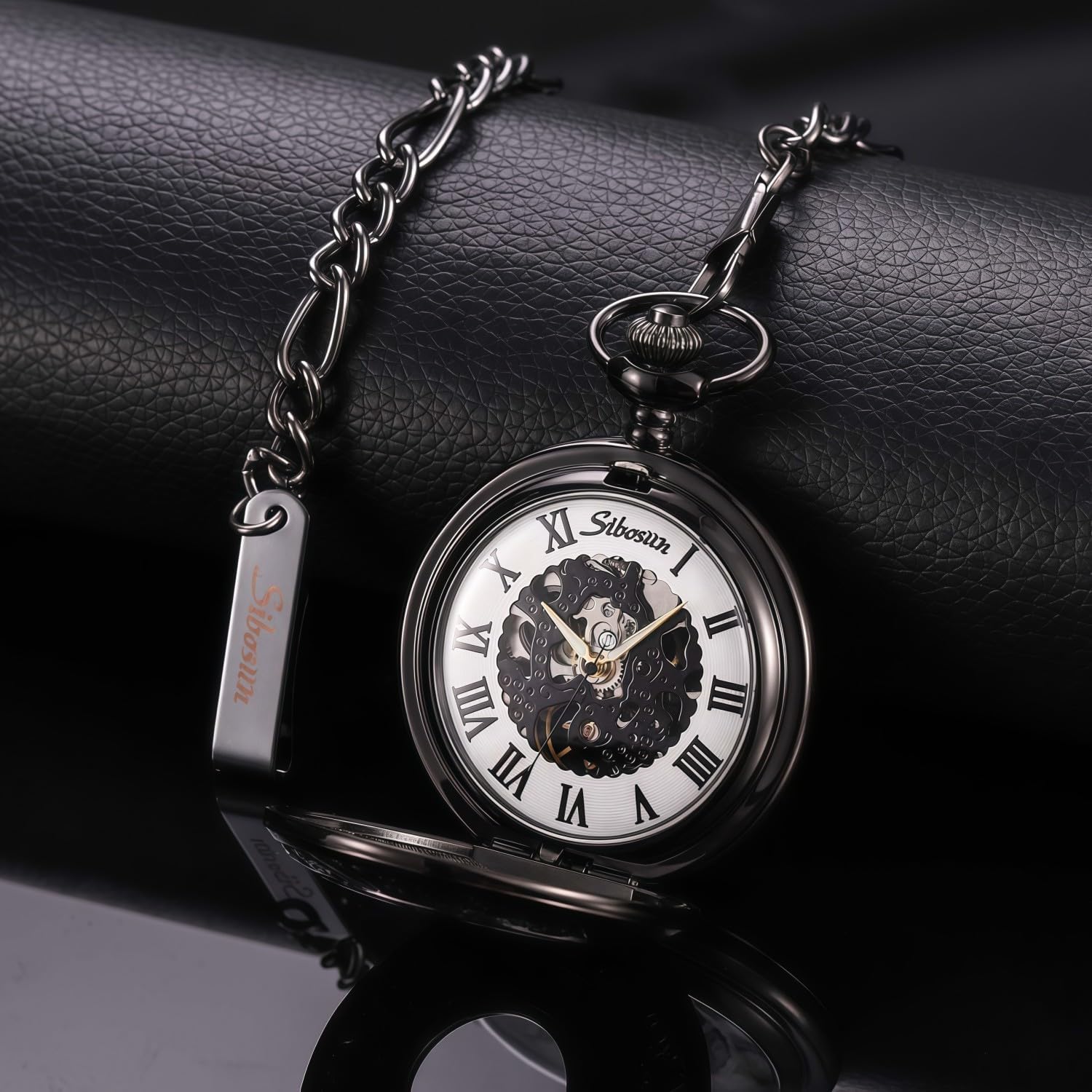 SIBOSUN Pocket Watch Mechanical Skeleton Steampunk Antique Pocket Watch with Chain and Box for Men Women Roman Numerals Dial