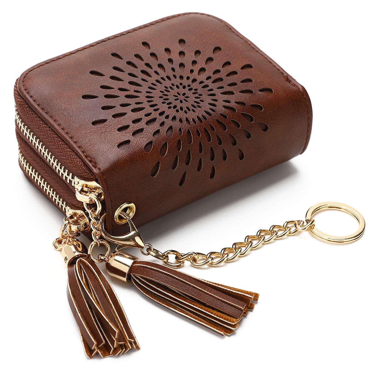 APHISON RFID Credit Card Holder Zipper Card Case Keychain Small Wallet for Women 1942-2 COFFEE