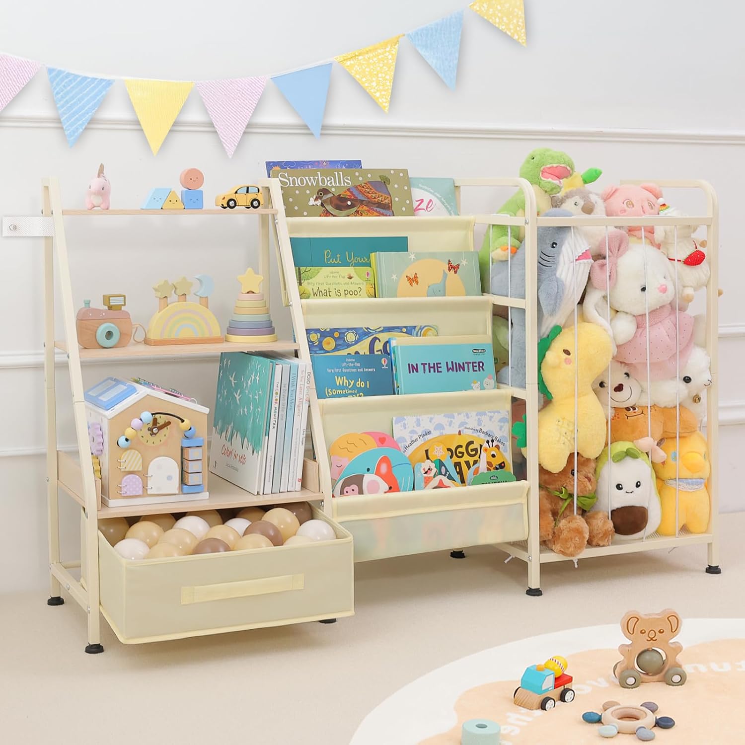 Fabuday Kids Bookshelf and Toy Storage Organizer - 4 Tiers Large Toddler Baby Sling Book Shelves for Kids Room with Stuffed Animal Storage, 3 Tier Montessori Childrens Bookcase for Nursery, Playroom