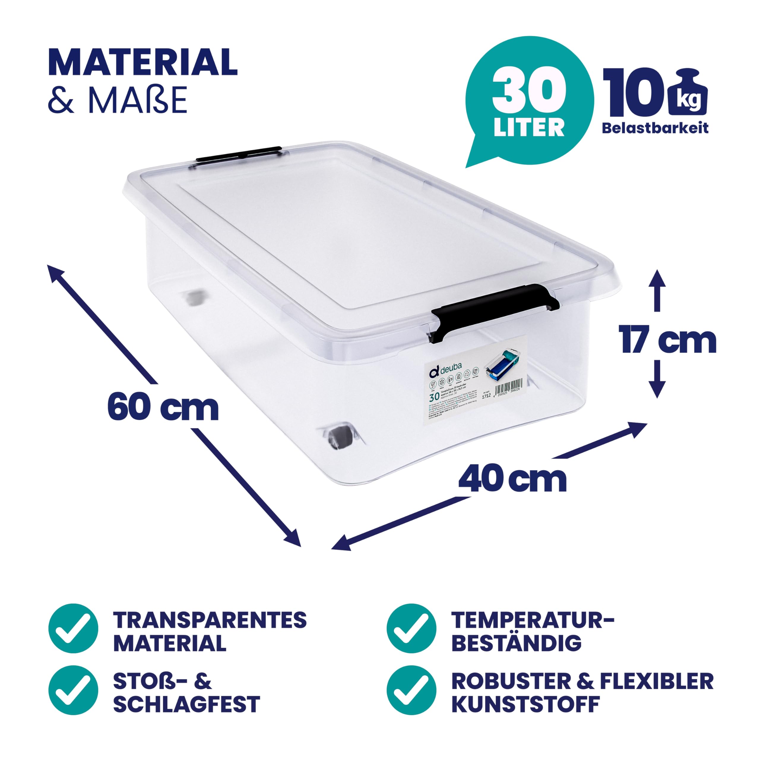 Deuba® Aufbewahrungsboxen 4 x 30l mit Deckel und Rollen, stapelbar, transparent Kunststoff BPA-frei Klickverschluss, RB60 für Büro, Garage, Waschraum
